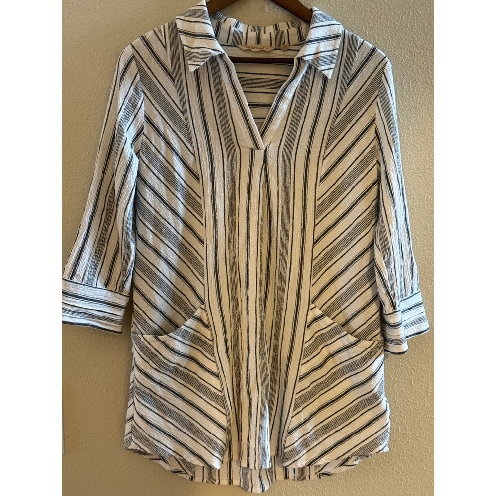 Soft Surroundings Striped Cotton Tunic Top Navy White V-Neck Pockets Small